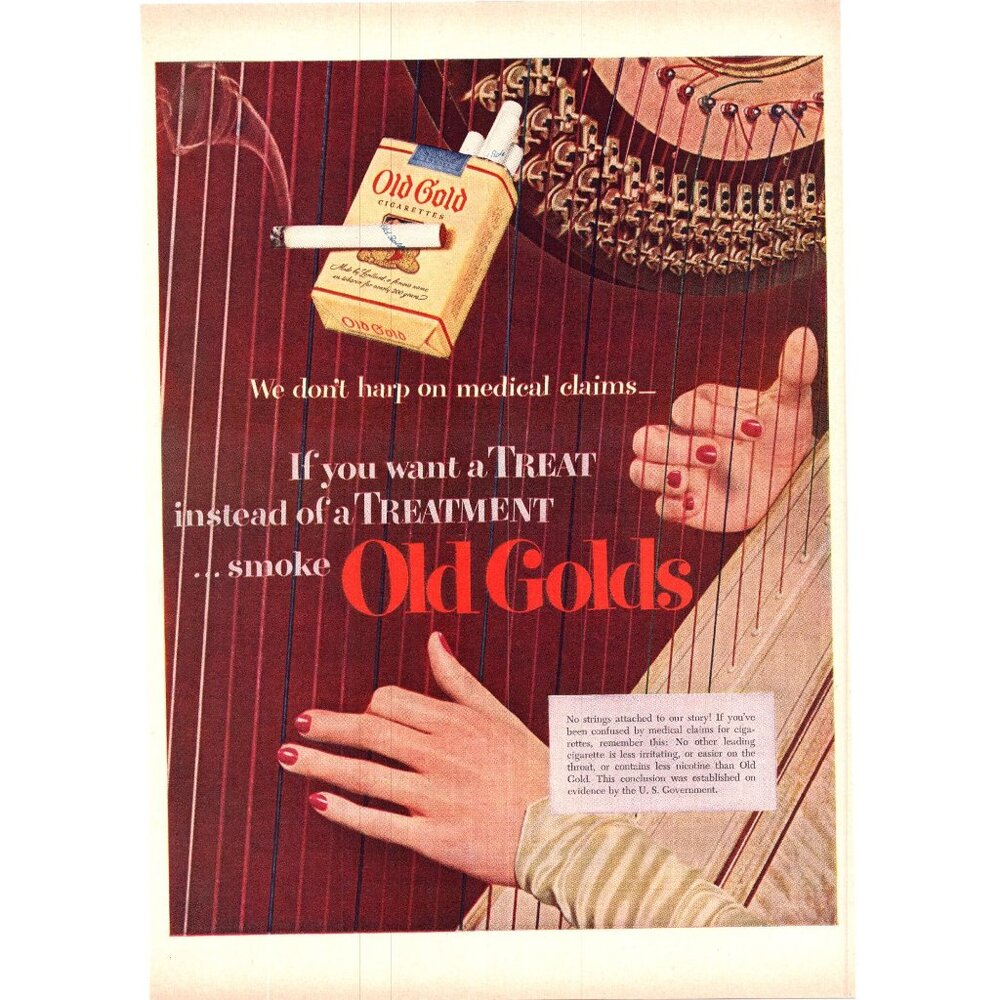 1951 Old Gold Cigarettes Woman Playing Harp Vintage Print Ad 50s Wall Art